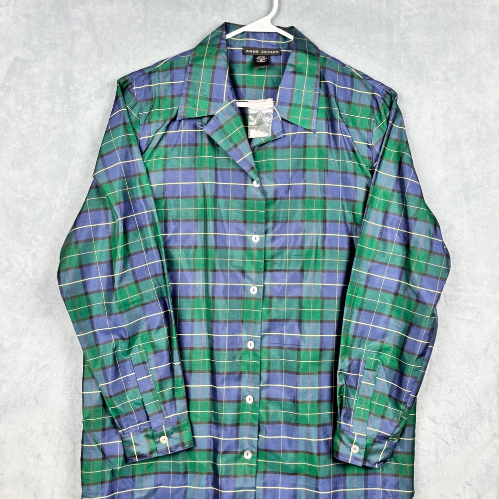 Anne Carson Womens XL Green Blue Plaid 100% Silk Button Down Shirt Long Sleeve